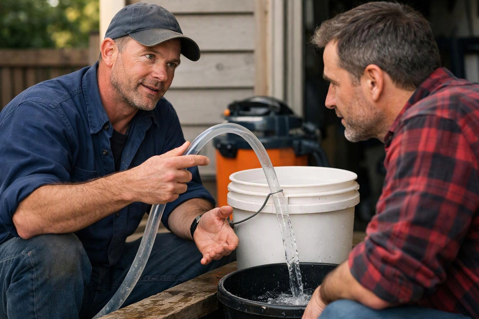 Two men crouch outside, watching water flow through a clear tube into a black bucket beside white buckets