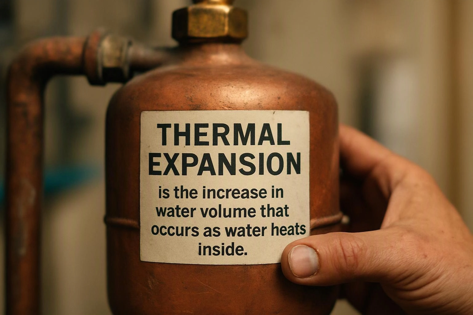 A hand holds a copper tank labeled “THERMAL EXPANSION” beside connected metal pipes