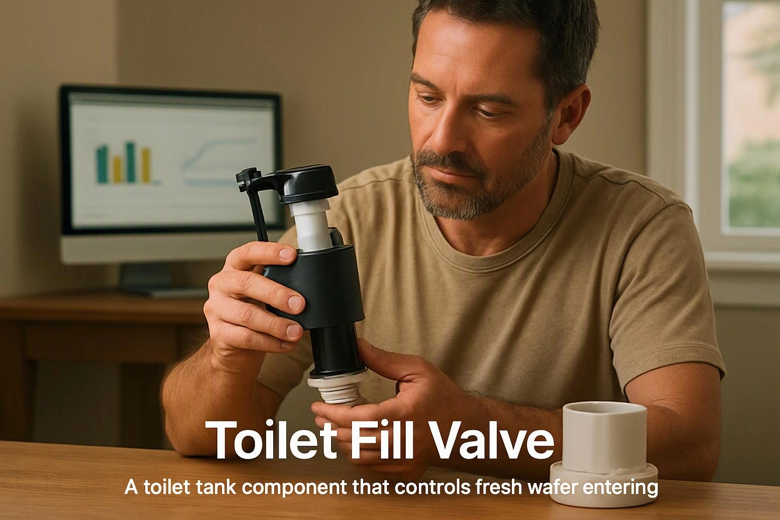 A man examines a toilet fill valve at a table, with a computer chart in the background