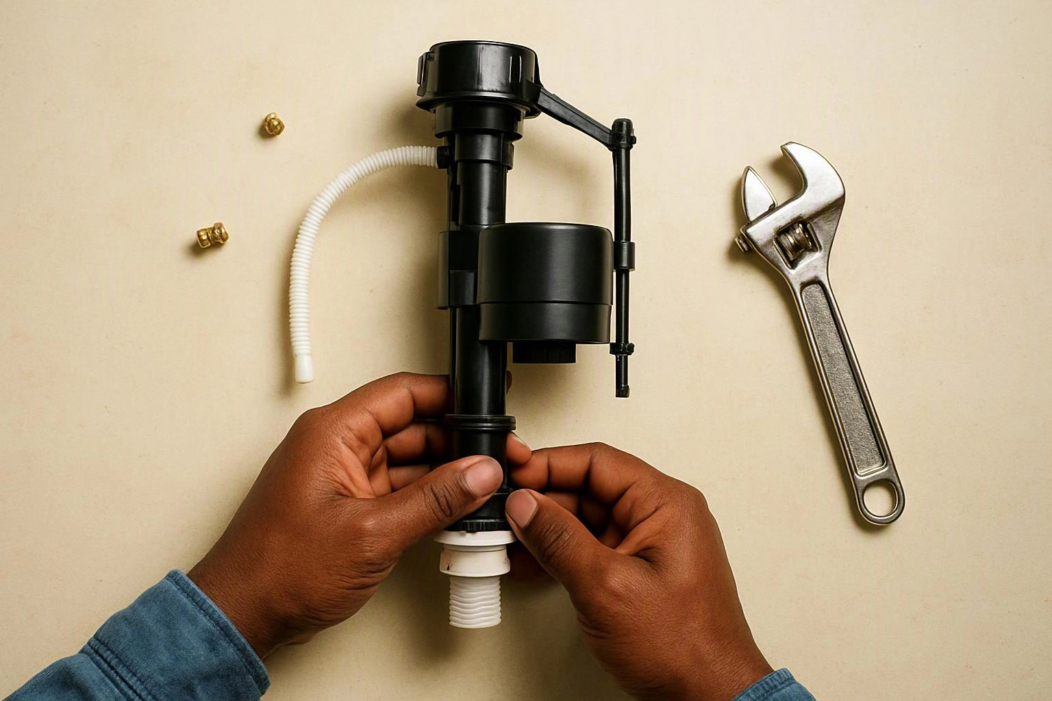 Hands hold a black toilet tank flush valve beside a wrench and small fittings on a beige surface