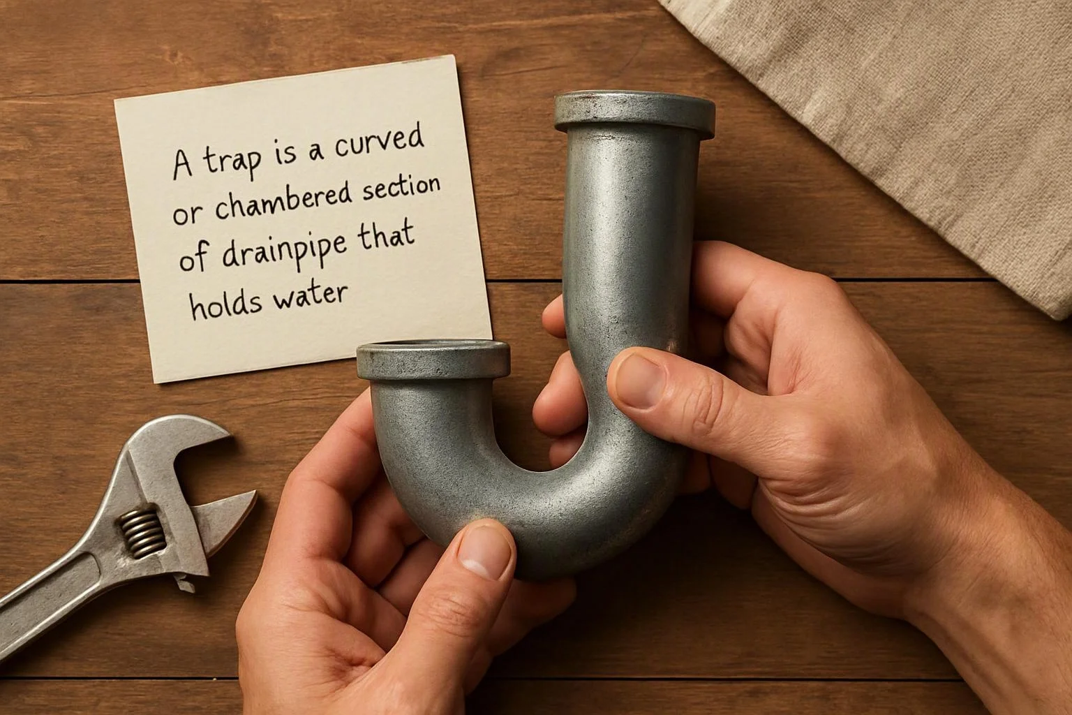 Hands hold a gray U-shaped pipe beside a note explaining a drain trap on a wooden table
