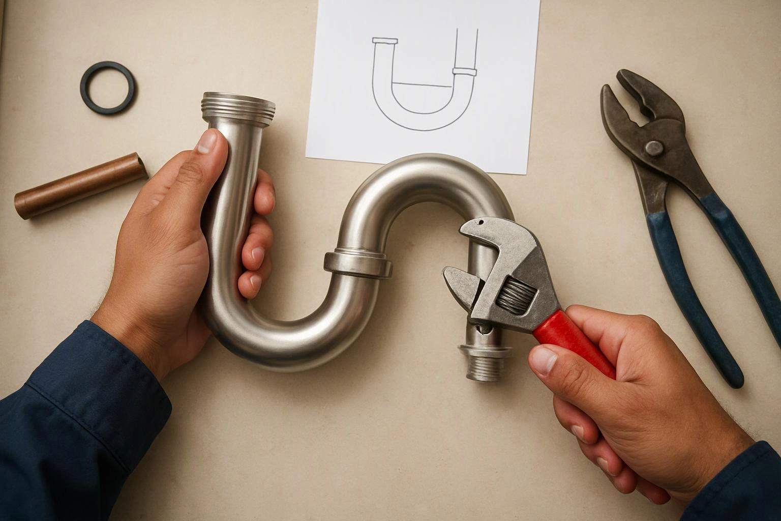 Hands hold a metal plumbing trap while an adjustable wrench grips the threaded end beside loose fittings and pliers on a table