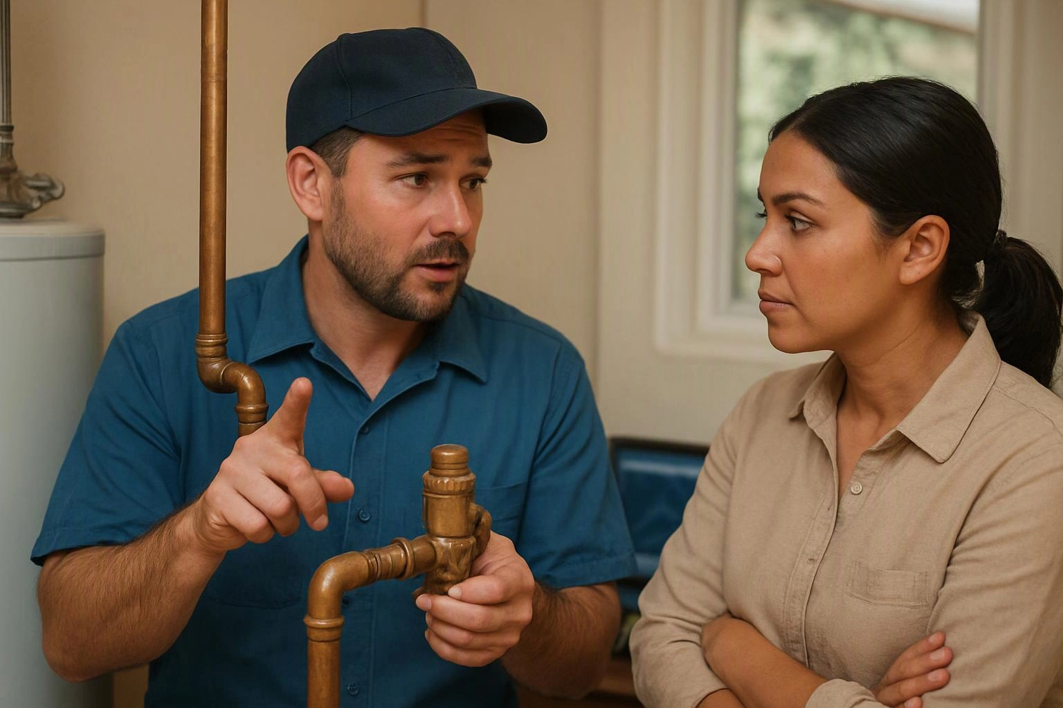 A plumber in a blue cap explains copper pipes to a woman in a beige shirt indoors
