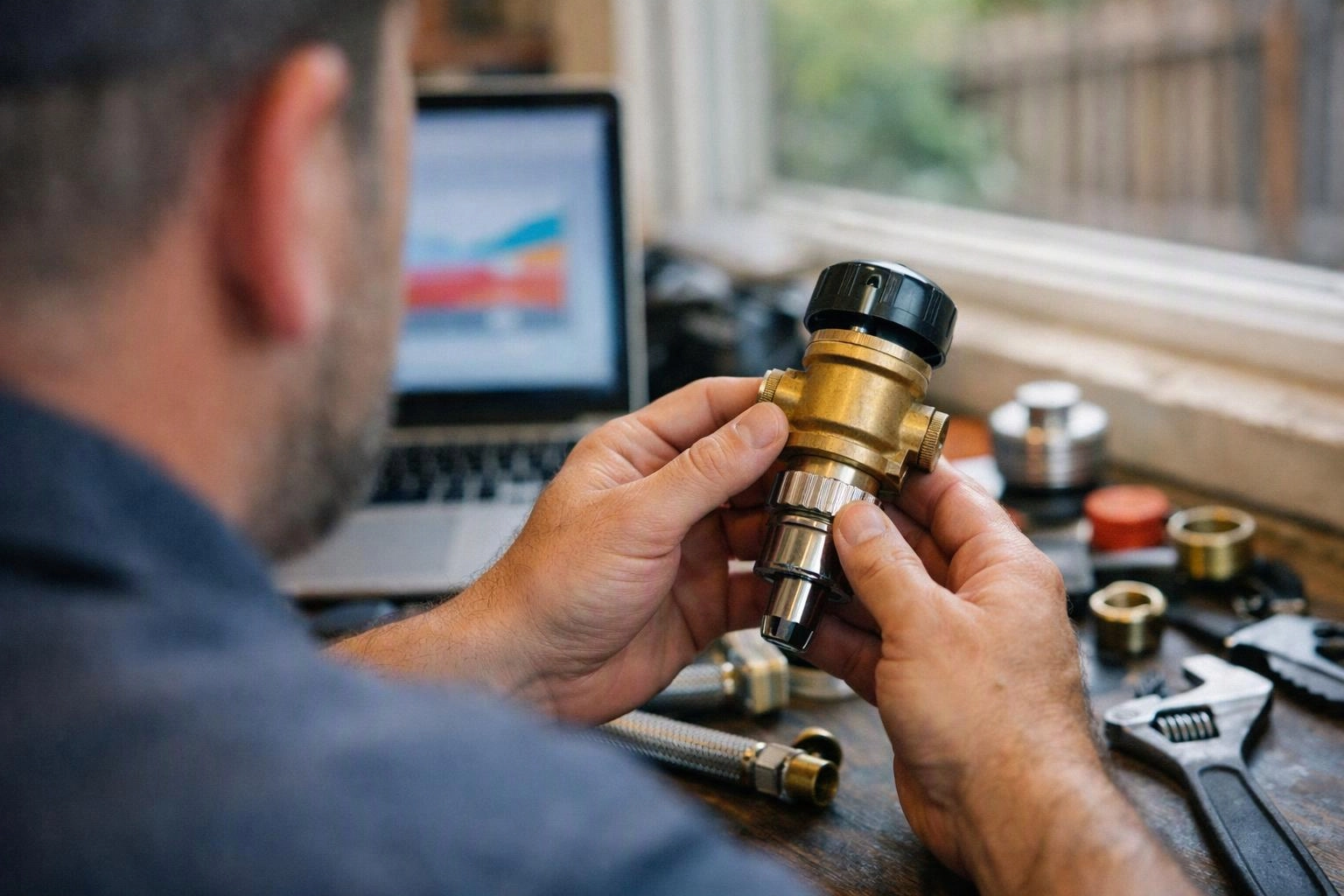 A man inspects a brass plumbing fitting at a workbench beside a laptop and tools