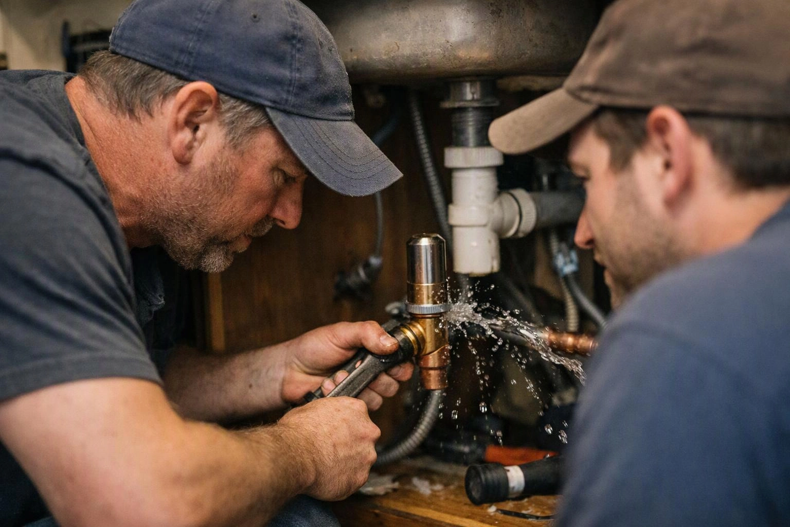 Two plumbers tighten a leaking pipe under a sink while water sprays from the fitting