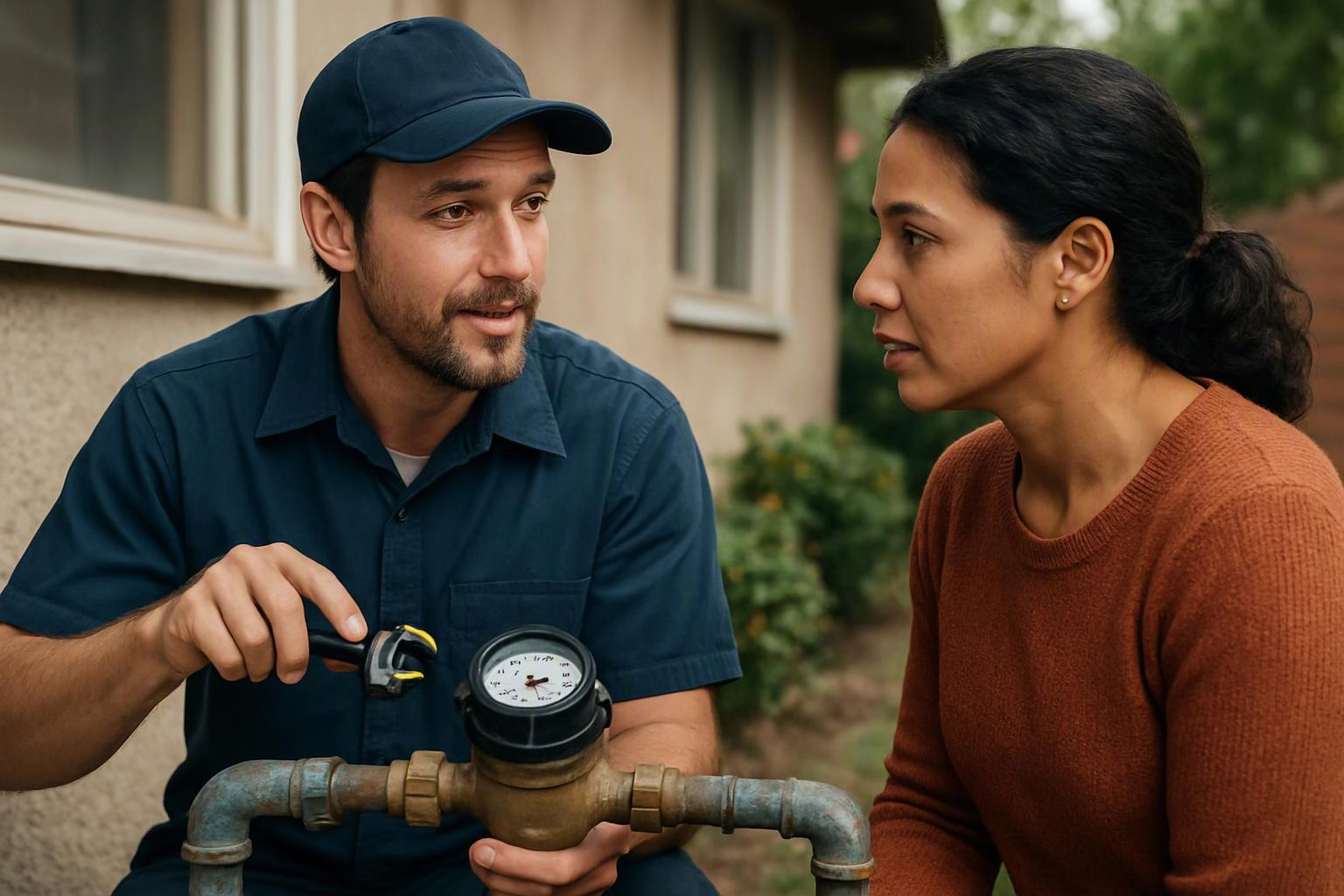 A man adjusts a water meter while speaking with a woman beside an outdoor building wall