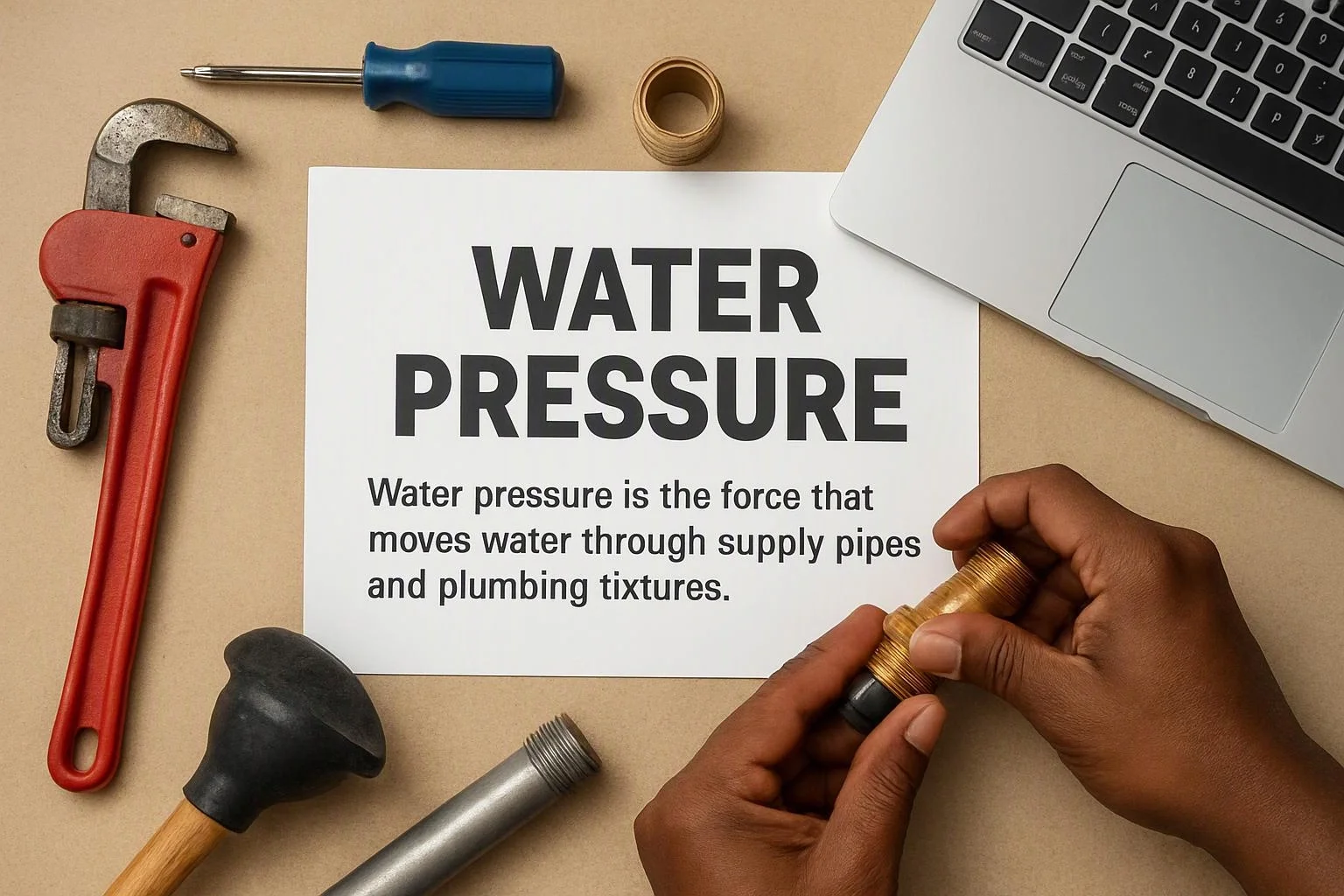 Hands hold a brass plumbing fitting beside a water pressure sheet, with tools and a laptop on a worktable