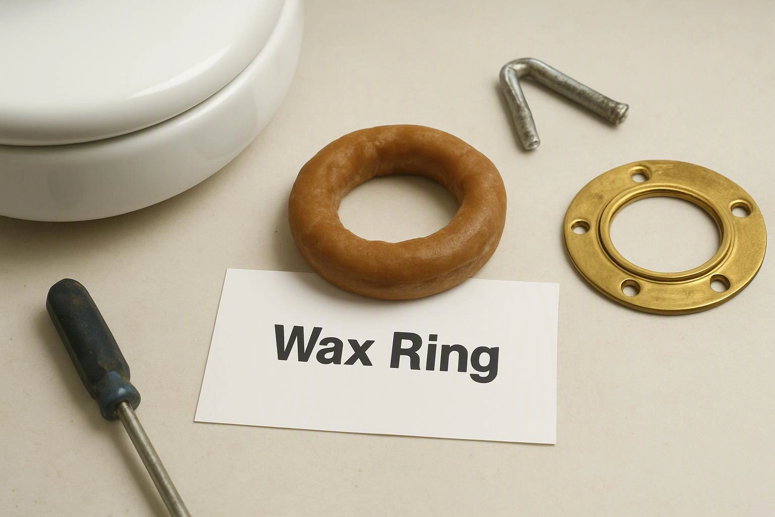 A brown wax ring sits beside a card labeled “Wax Ring” with toilet parts and tools on a light surface