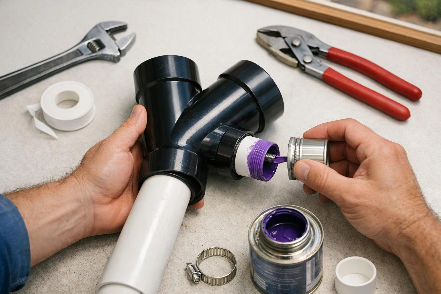 Hands assemble black PVC pipe fittings on a workbench, with wrenches, tape, purple adhesive, and clamps nearby