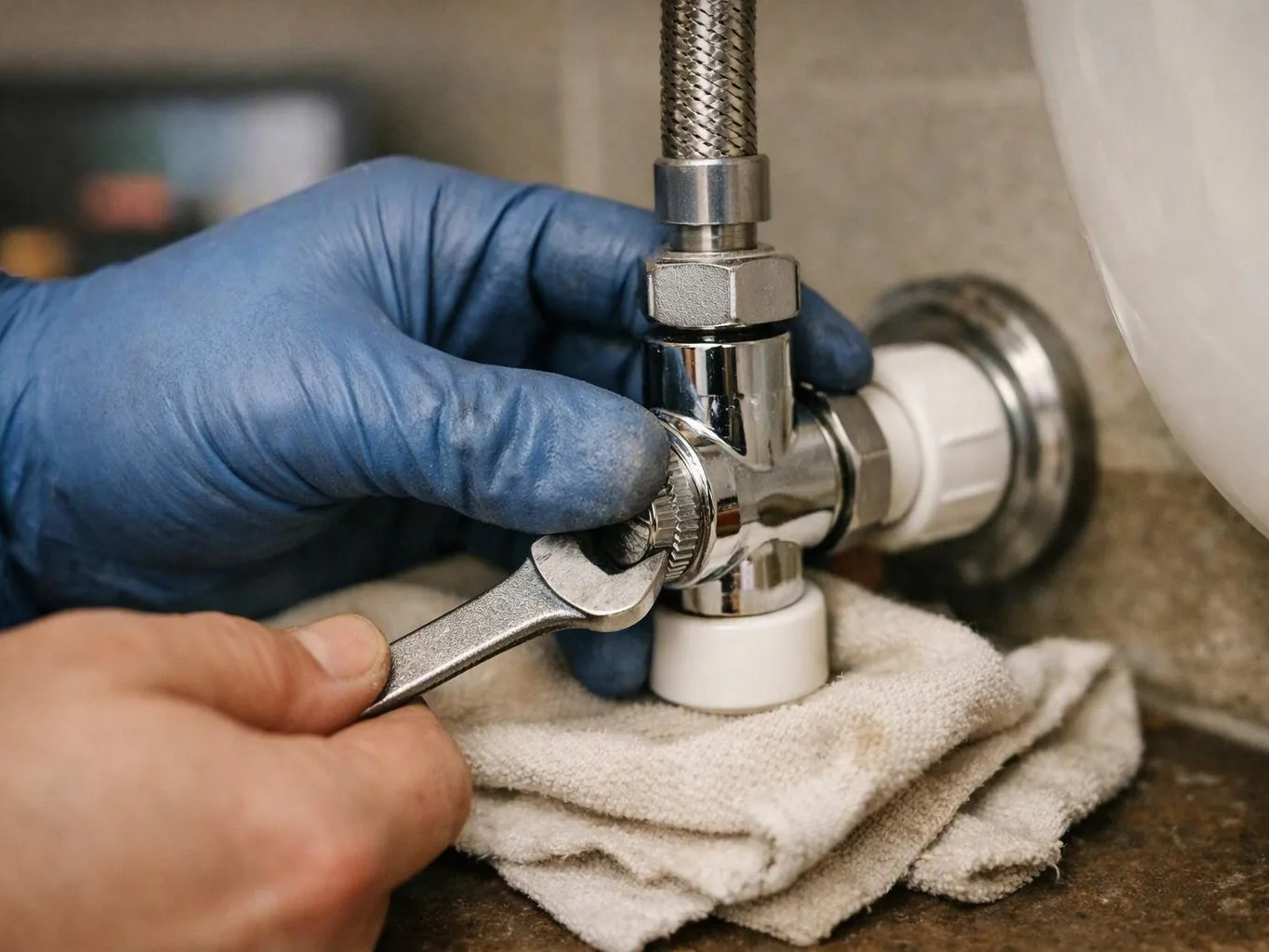 A gloved hand and bare hand tighten a chrome plumbing valve with a wrench over a folded cloth