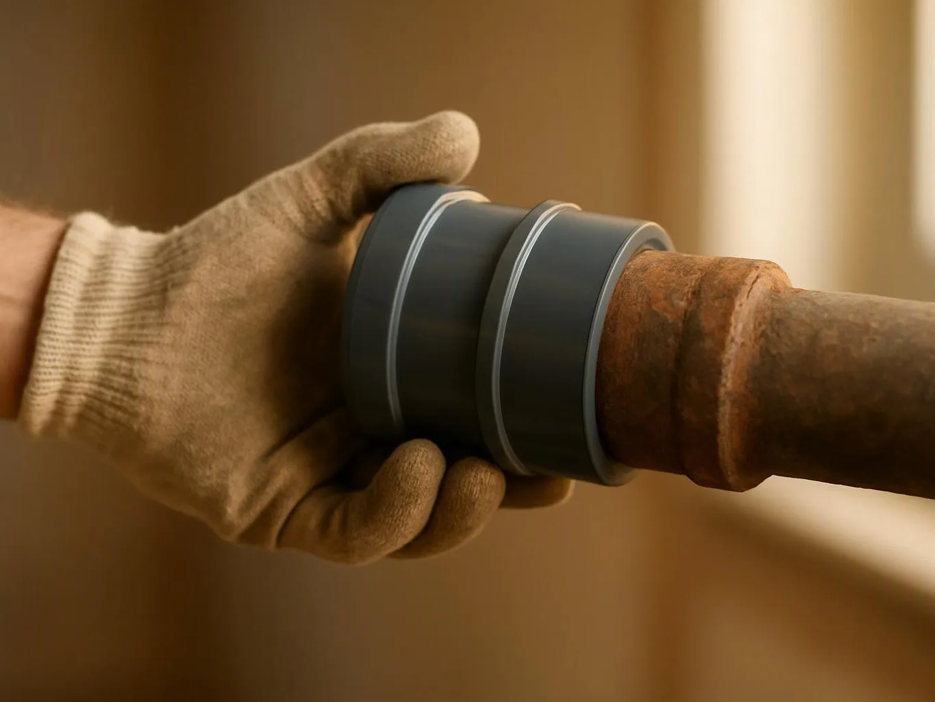 A gloved hand holds a black pipe fitting on a rusty metal pipe indoors