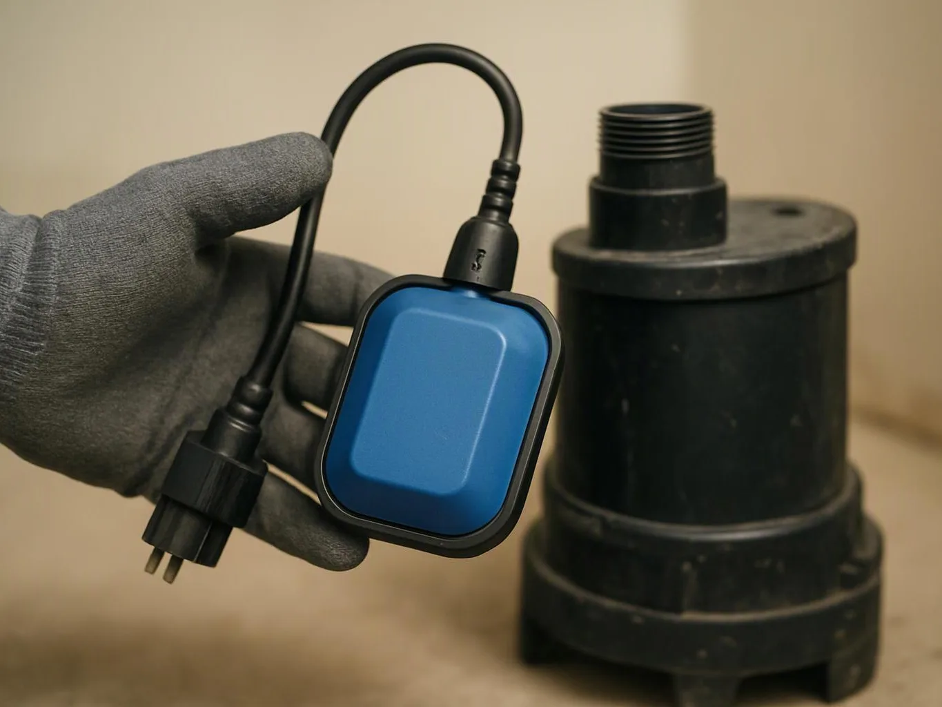 A gloved hand holds a blue wired device beside a black cylindrical pump on a beige floor