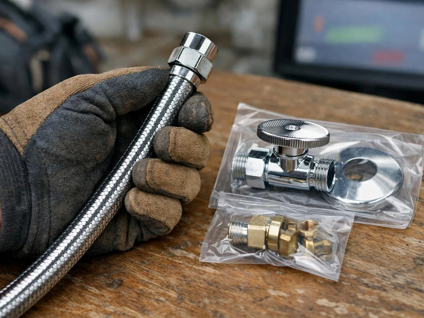 A gloved hand holds a braided metal hose beside shiny plumbing valves in plastic bags on a wooden table