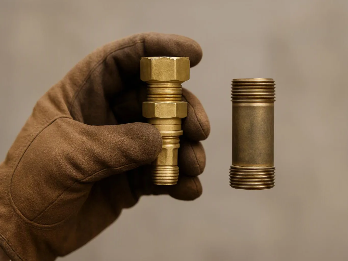 A gloved hand holds a brass pipe fitting beside a matching threaded metal connector on a plain background