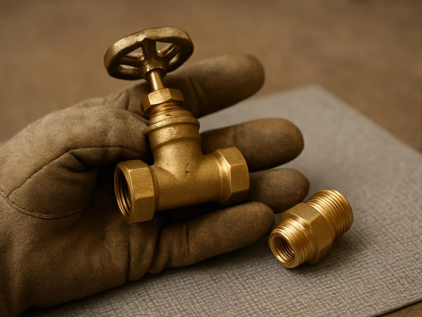 A gloved hand holds a brass valve beside a threaded fitting on a cloth-covered surface