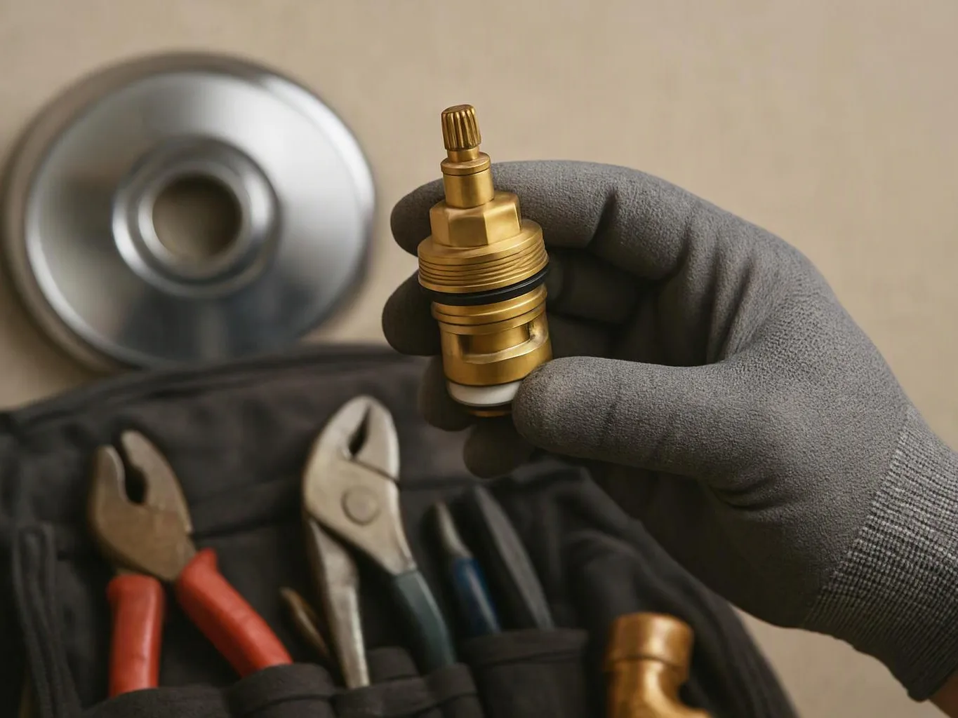 A gloved hand holds a brass valve cartridge above a tool pouch with pliers and other repair tools