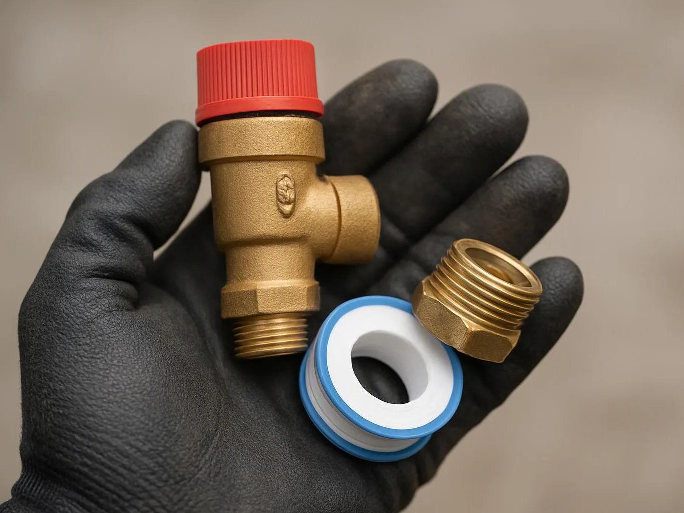 A gloved hand holds a brass valve, a threaded fitting, and a white blue sealing tape roll against a plain background
