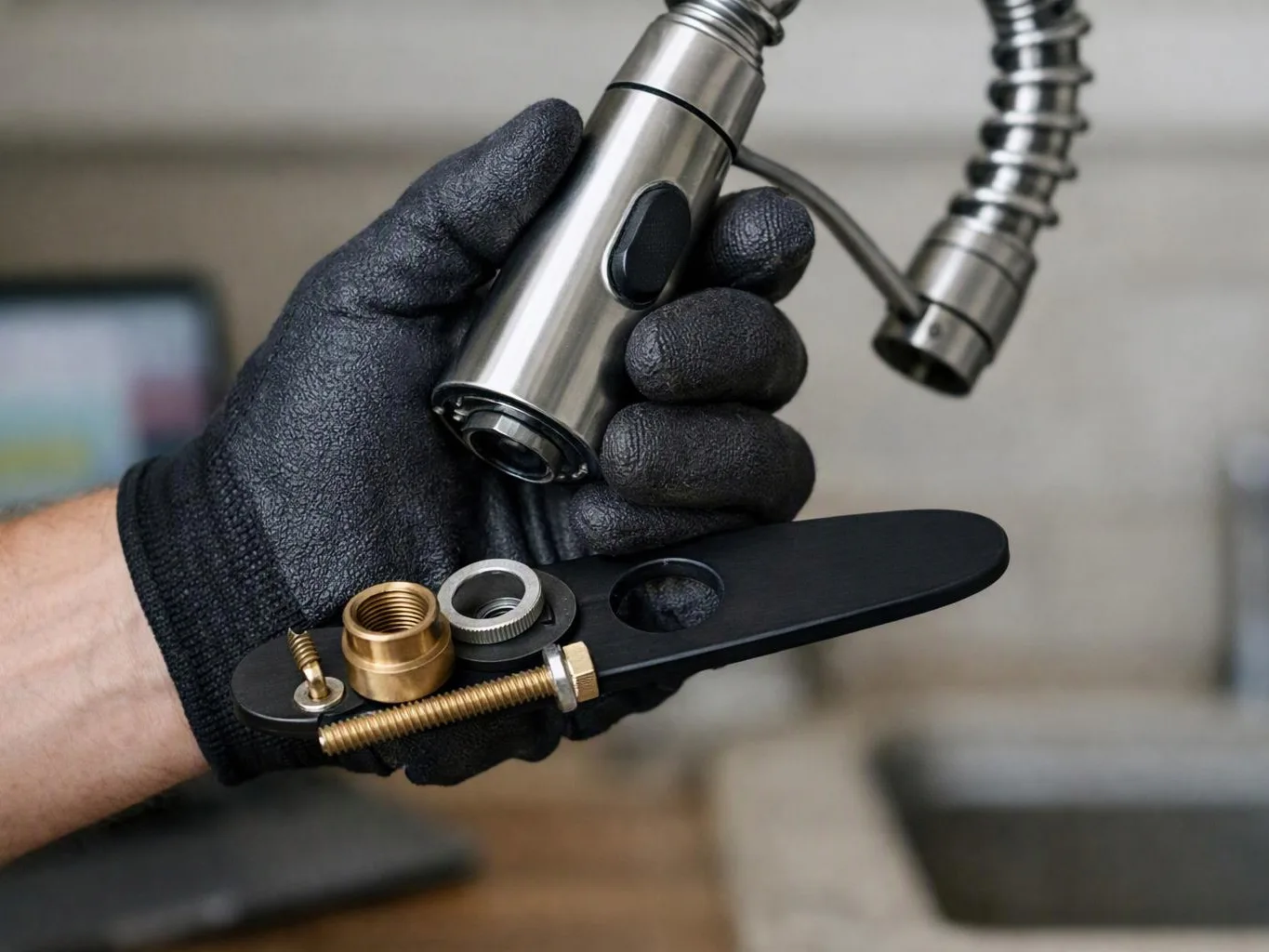 A gloved hand holds a chrome faucet part and a black plate with small brass fittings over a sink area