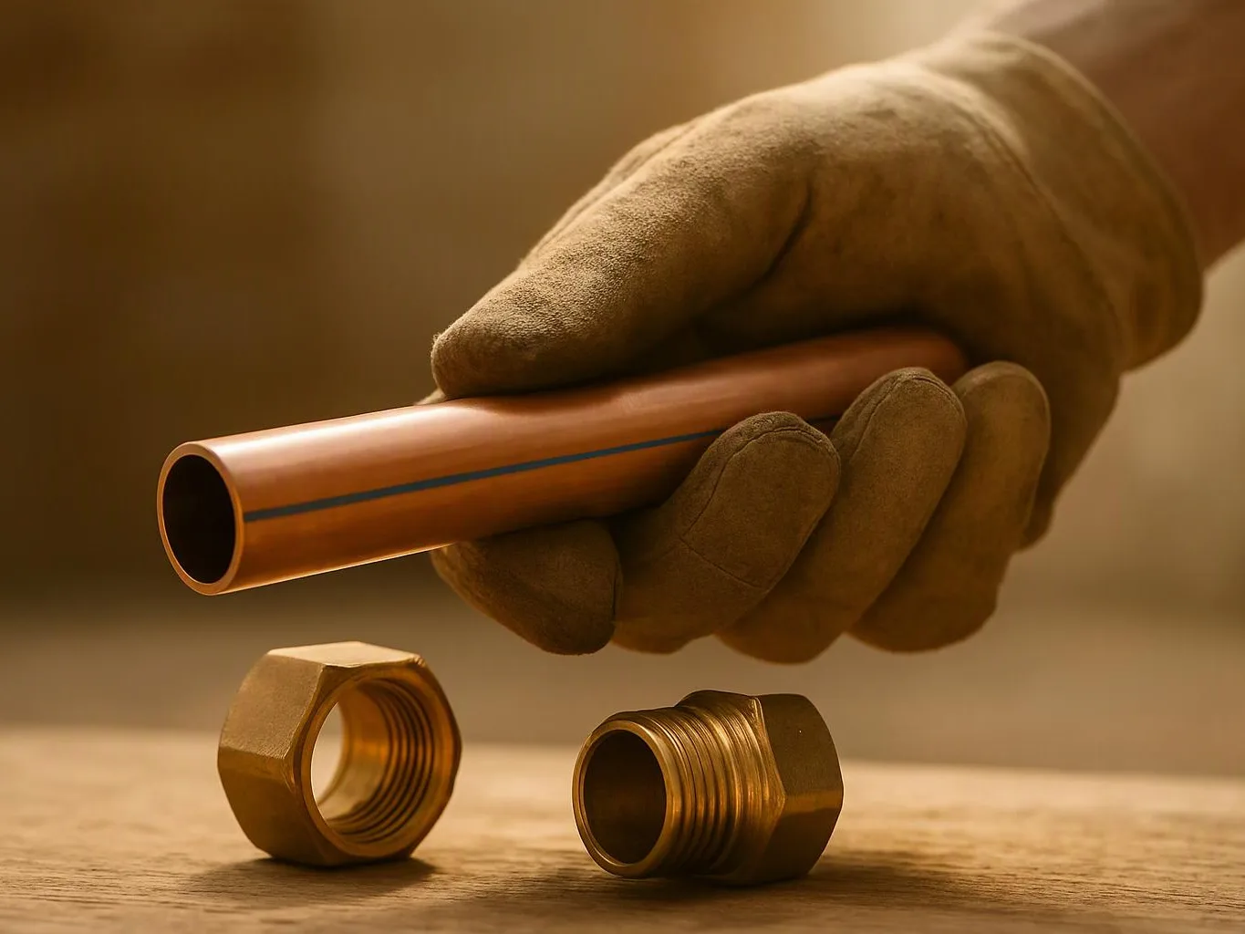 A gloved hand holds a copper pipe above two brass fittings on a wooden surface
