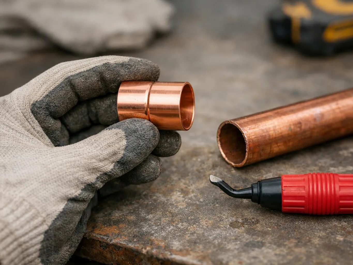A gloved hand holds a copper pipe fitting beside a cut copper tube and a red pipe deburring tool on a workbench