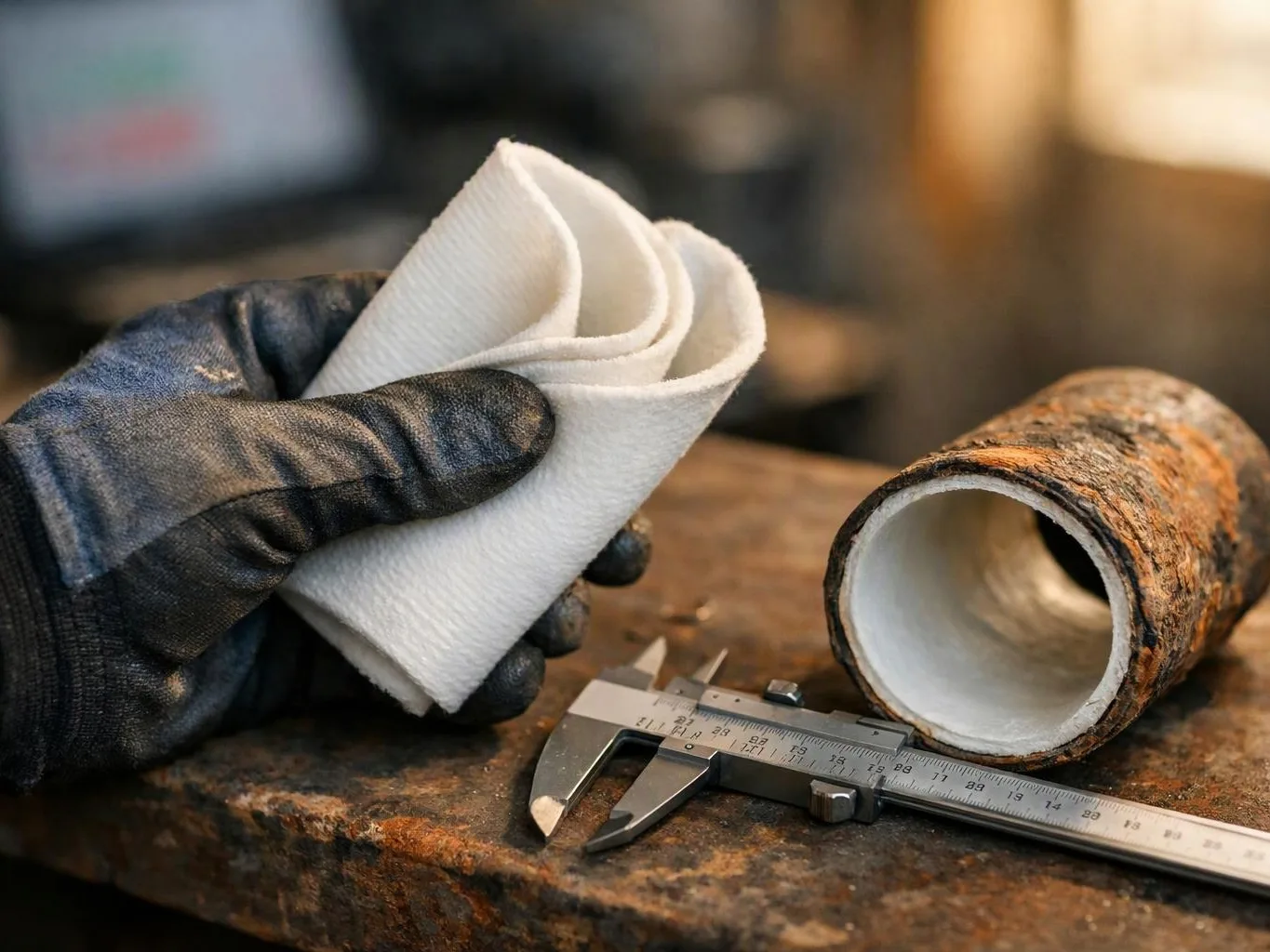 A gloved hand holds folded white fabric beside a rusted pipe and caliper on a worn workbench