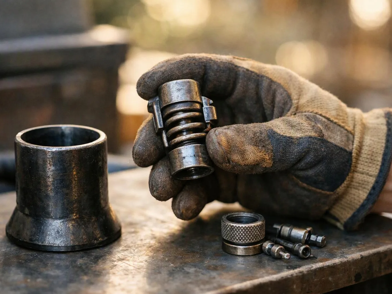 A gloved hand holds a metal spring assembly beside other small machined parts on a workbench