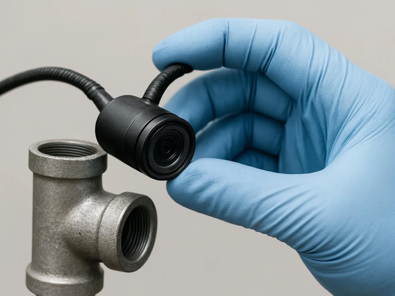 A gloved hand holds a small camera beside a gray threaded pipe fitting on a plain background