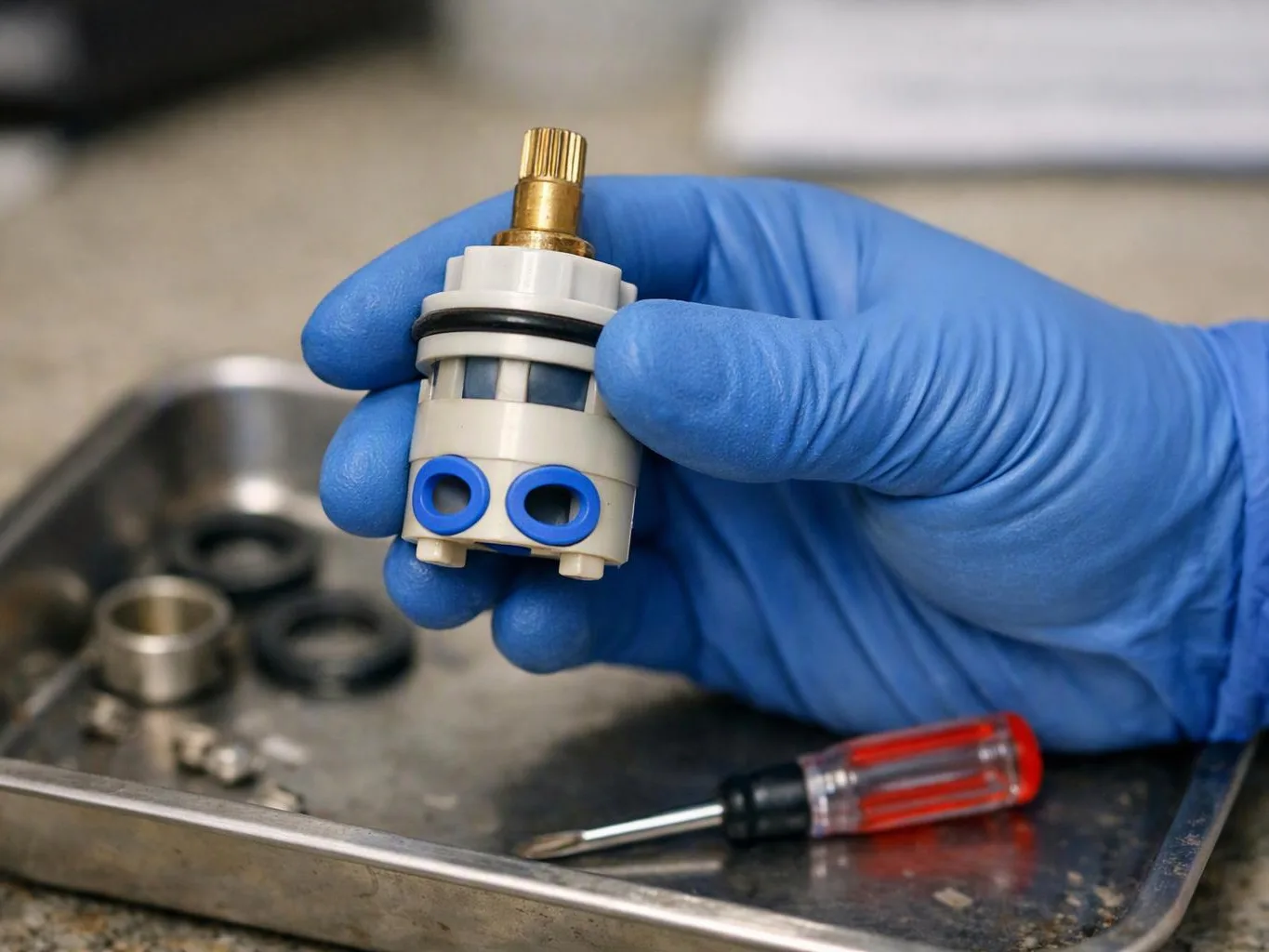 A gloved hand holds a small valve cartridge above a metal tray with seals and a screwdriver