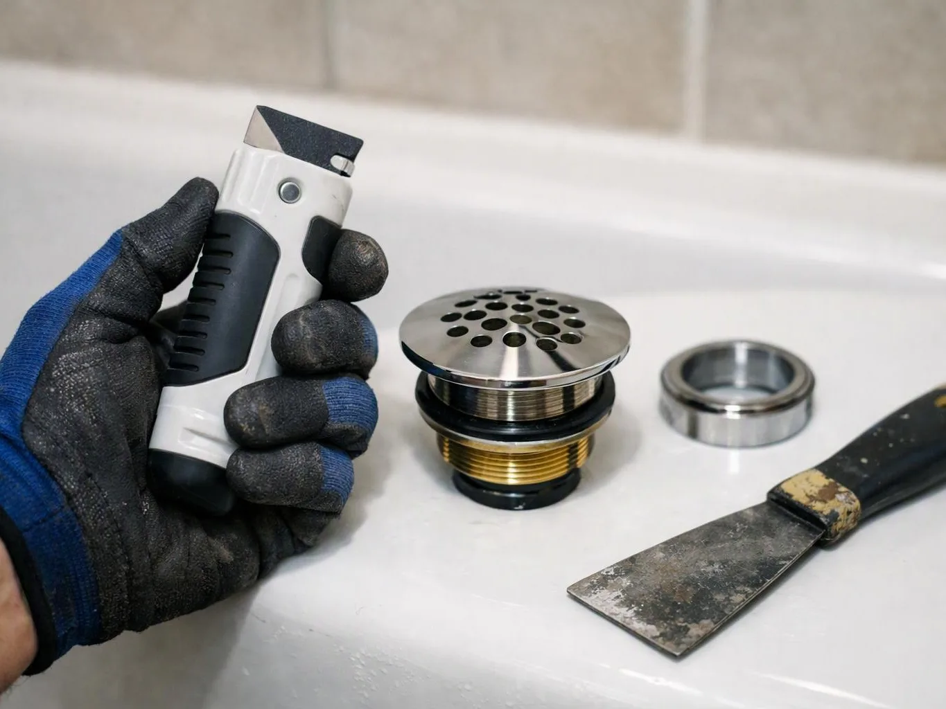 A gloved hand holds a utility knife beside metal drain parts and a scraper on a white surface