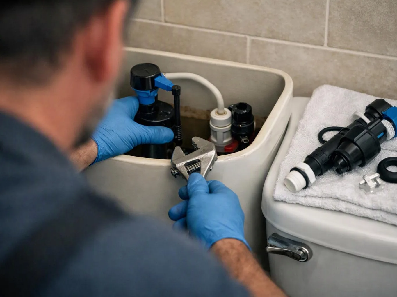 A gloved worker tightens a toilet tank part with a wrench beside a toilet tank and spare parts