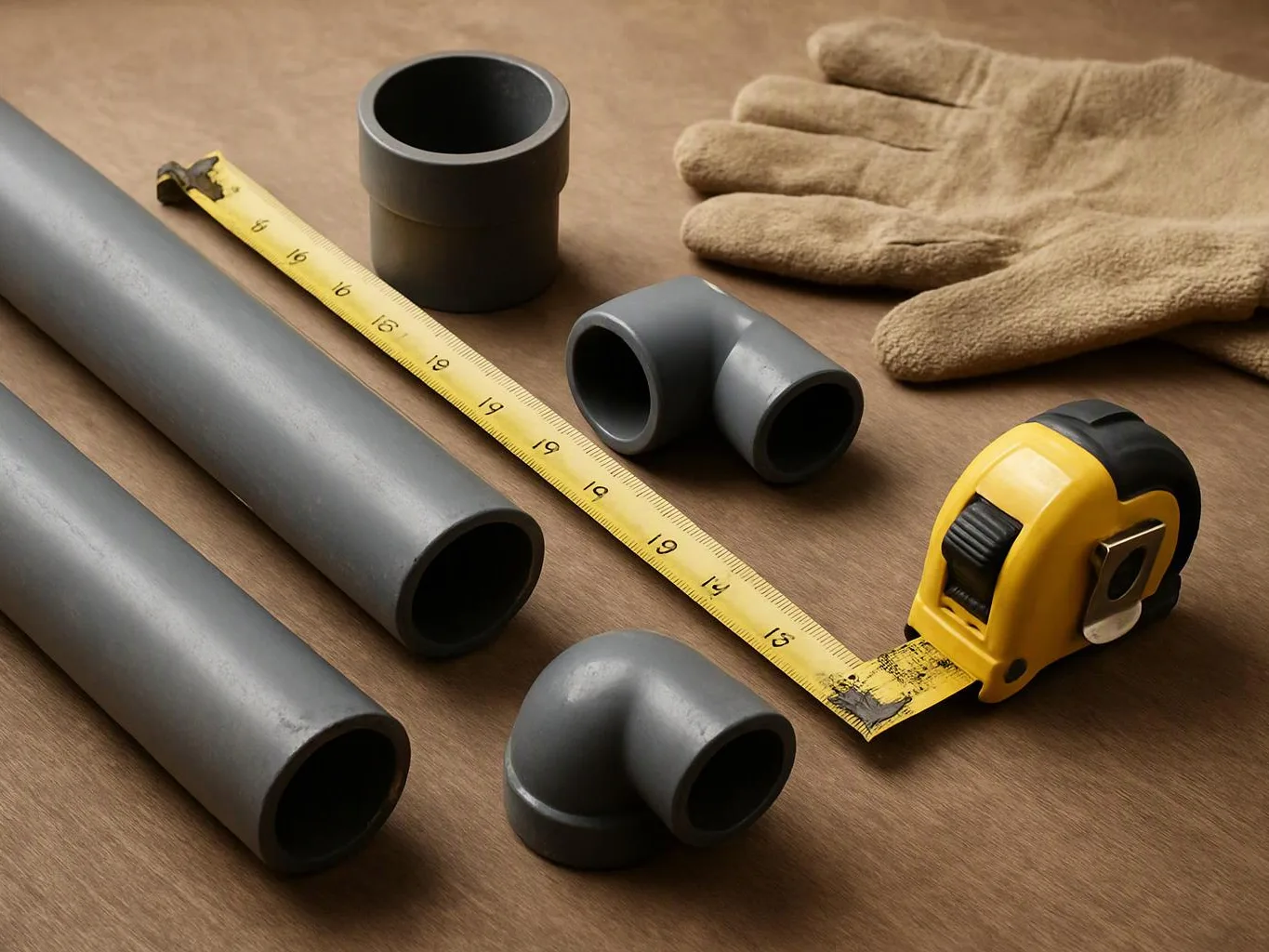 Gray pipes, elbow fittings, a tape measure, and work gloves lie on a wooden surface