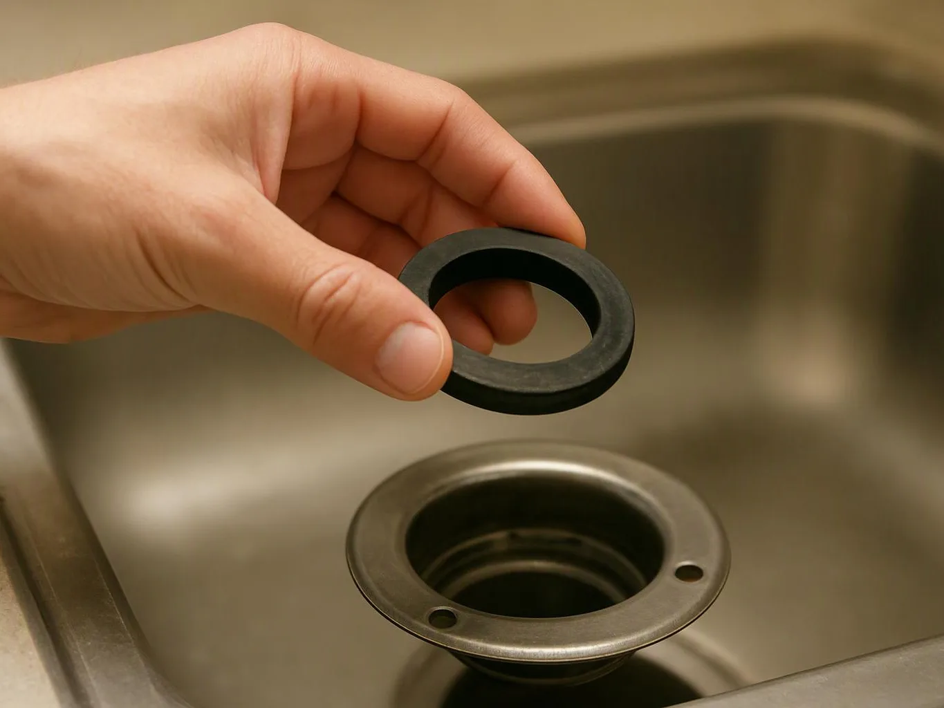 A hand holds a black rubber sink gasket above a metal drain opening in a stainless steel sink