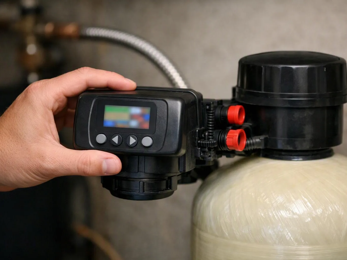 A hand holds a black water treatment valve with a small display and red fittings on a tank
