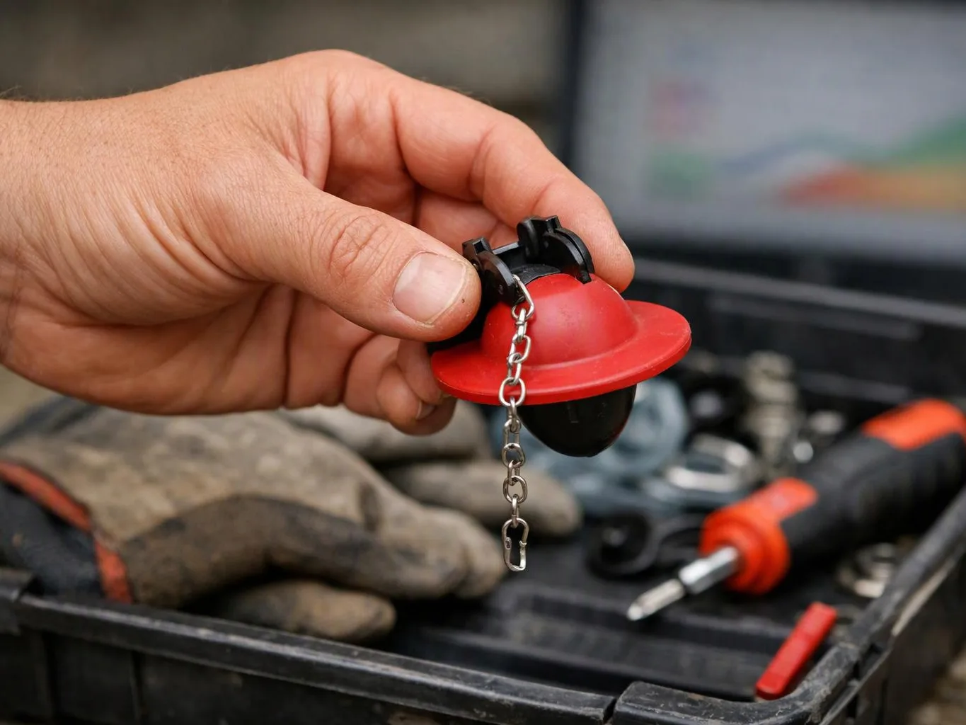 A hand holds a red fishing bobber with a chain over a tray of tools and gloves