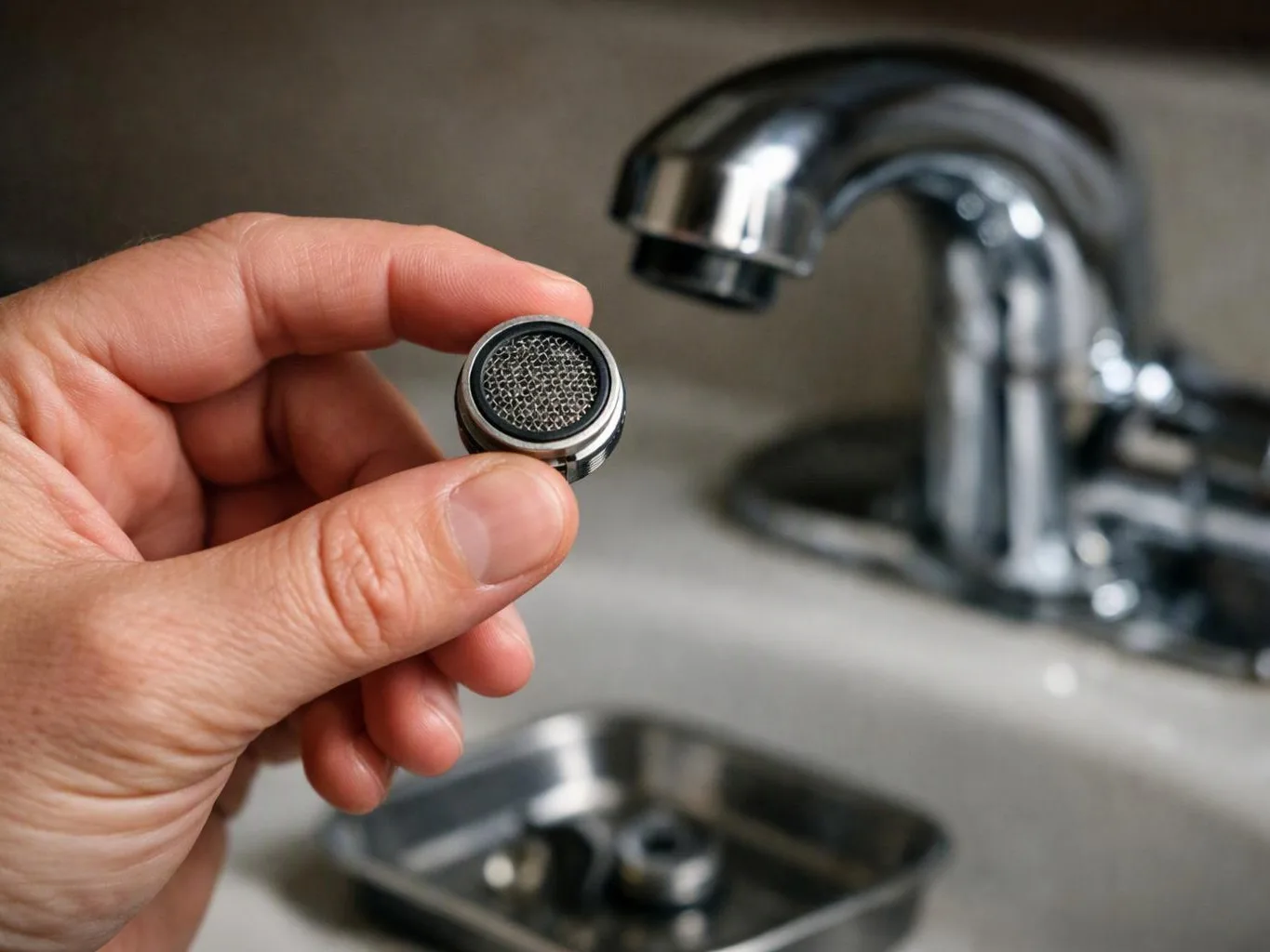 A hand holds a small faucet aerator in front of a chrome sink tap and basin