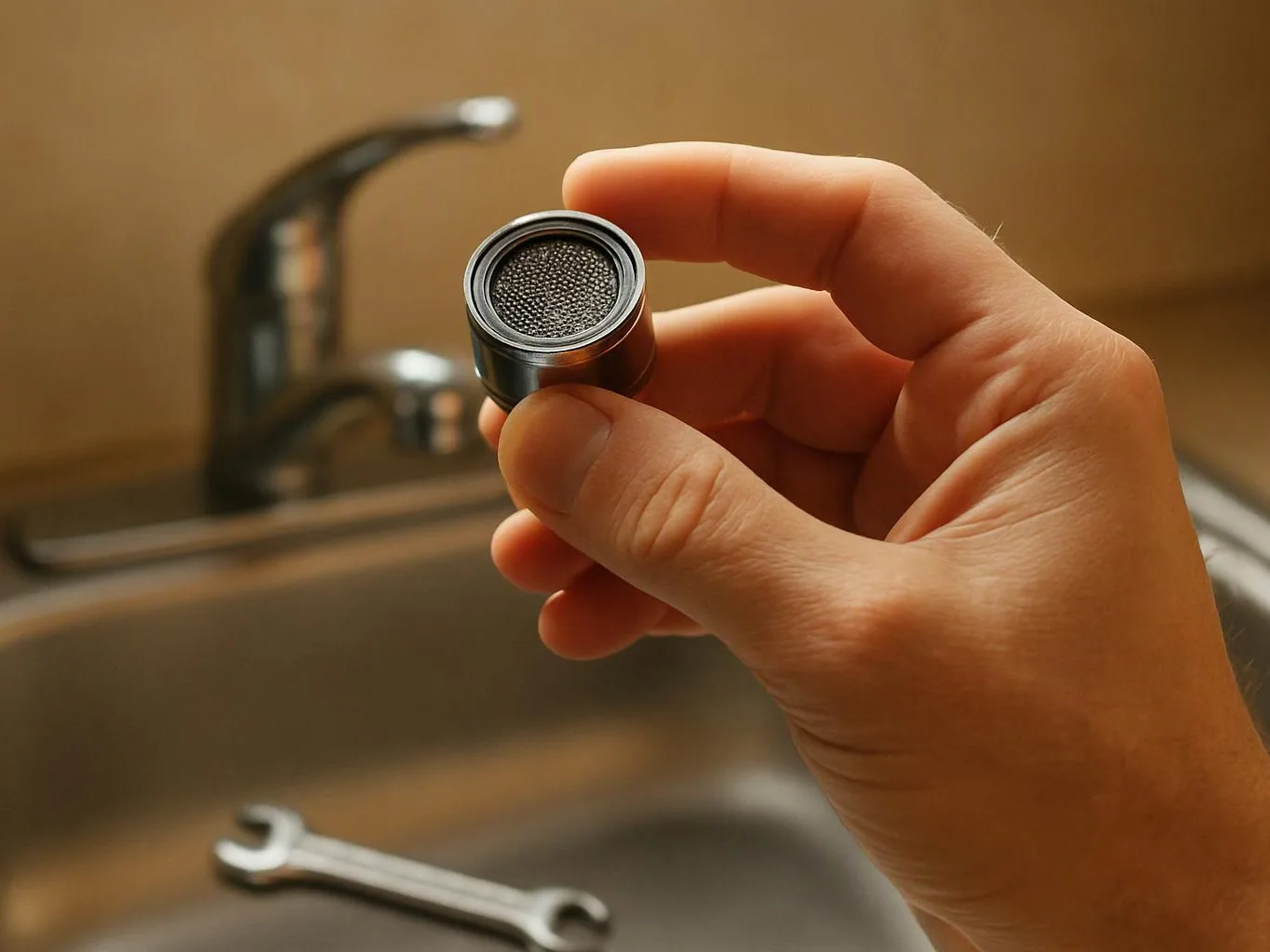 A hand holds a small metal faucet aerator over a sink with a wrench nearby