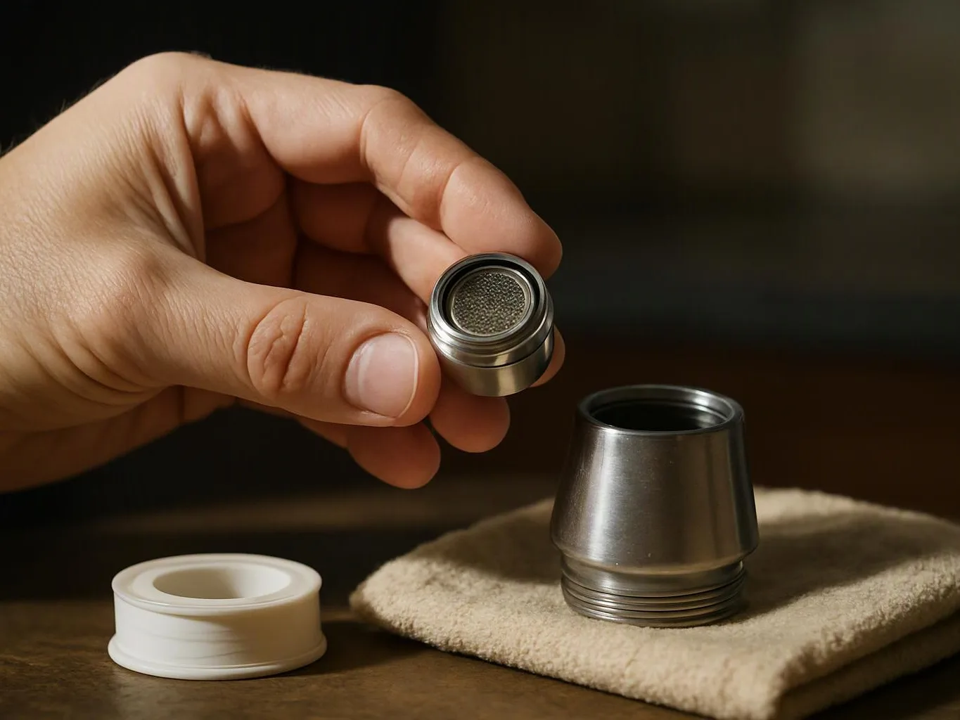 A hand holds a small metal filter above a silver cup, with a white ring and cloth on a table