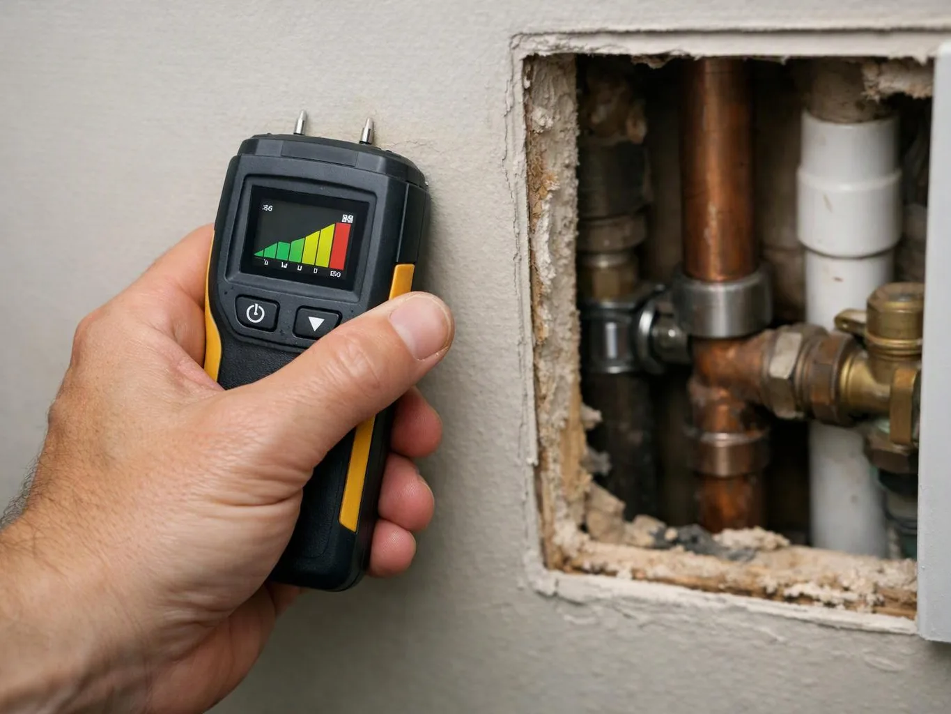 A hand holds a small meter beside exposed plumbing pipes inside a wall opening