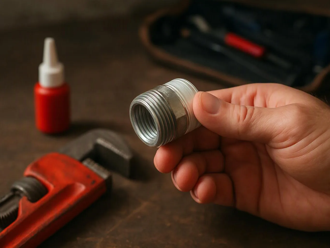 A hand holds a threaded metal fitting beside a red pipe wrench and a bottle of glue on a workbench