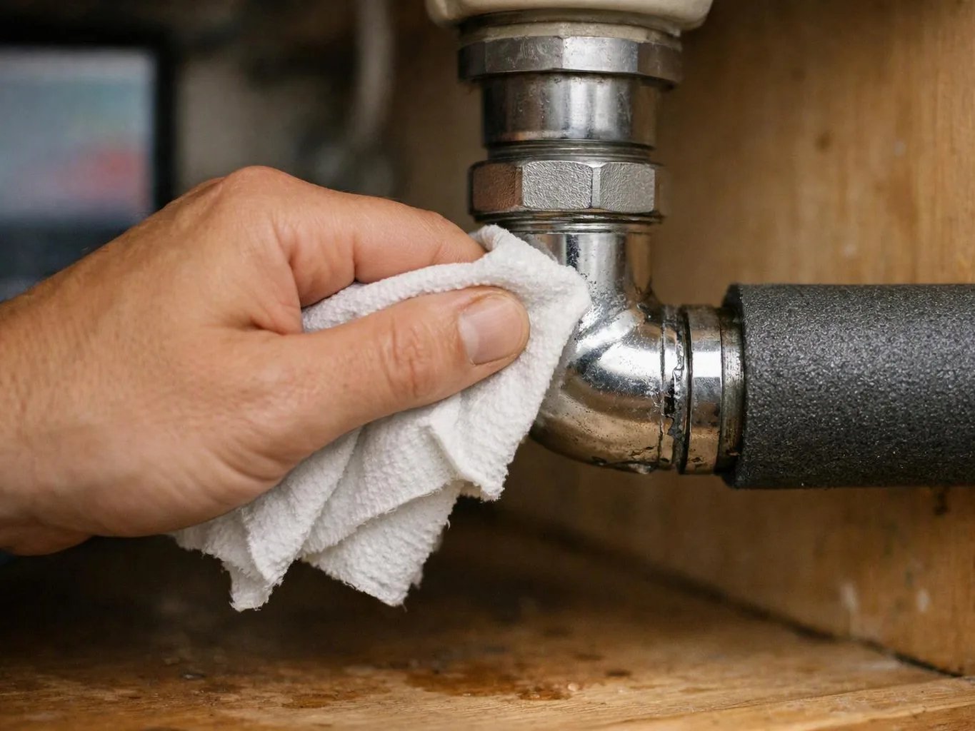 A hand wipes a shiny metal pipe joint with a white cloth under a wooden cabinet