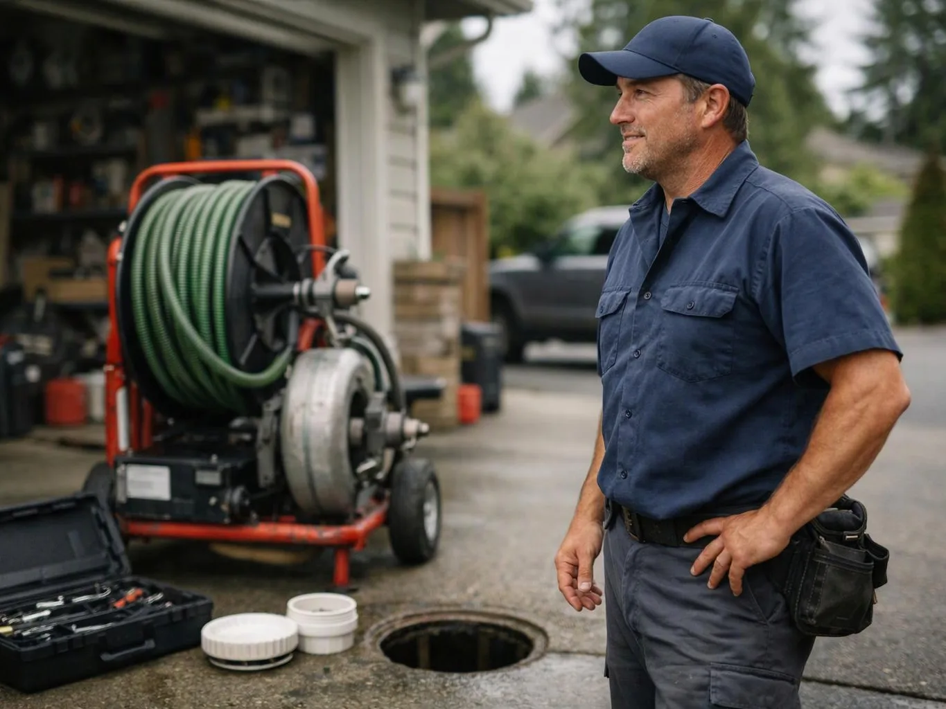 A man in work clothes stands beside a hose machine and open drain in a driveway