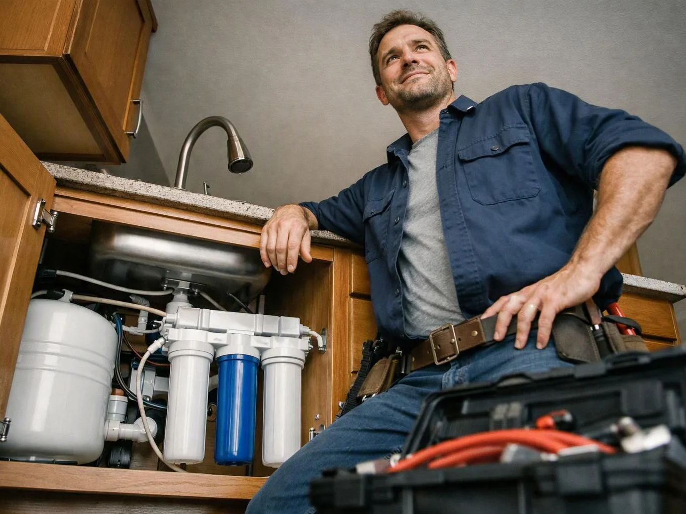 A smiling plumber stands by an open kitchen cabinet, inspecting exposed sink plumbing under the counter