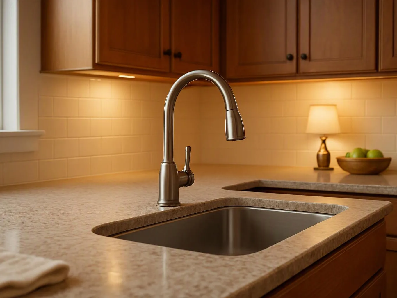 A kitchen countertop with a stainless faucet and sink sits under warm cabinet lighting