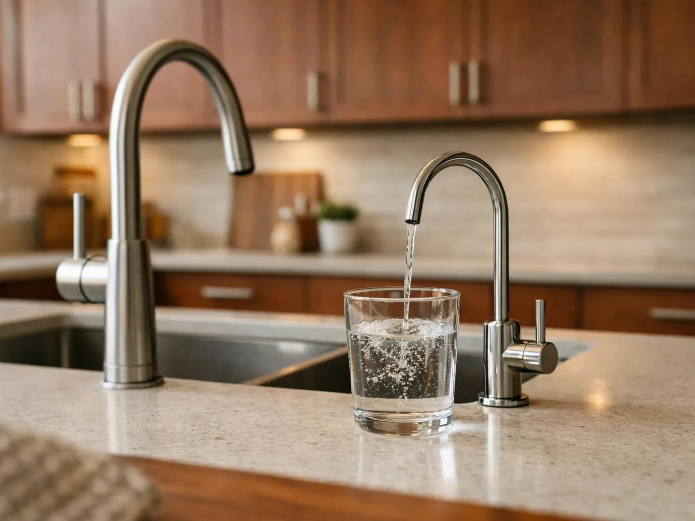 A kitchen sink fills a glass with water beside a larger faucet and wooden cabinets