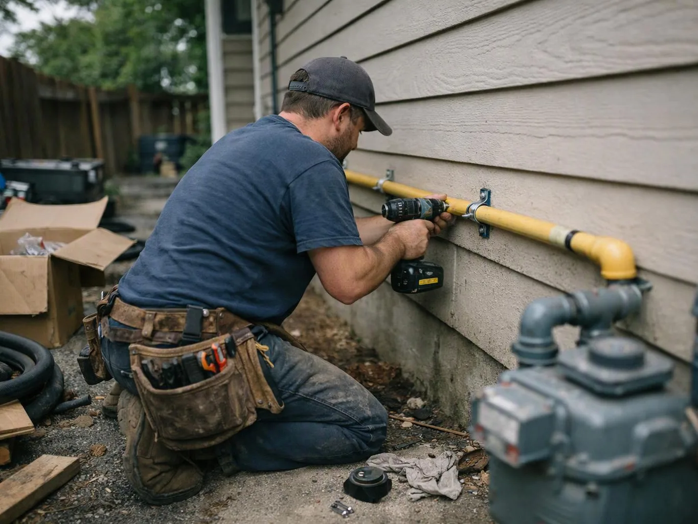 A kneeling worker drills into a yellow pipe attached to a house wall in a side yard