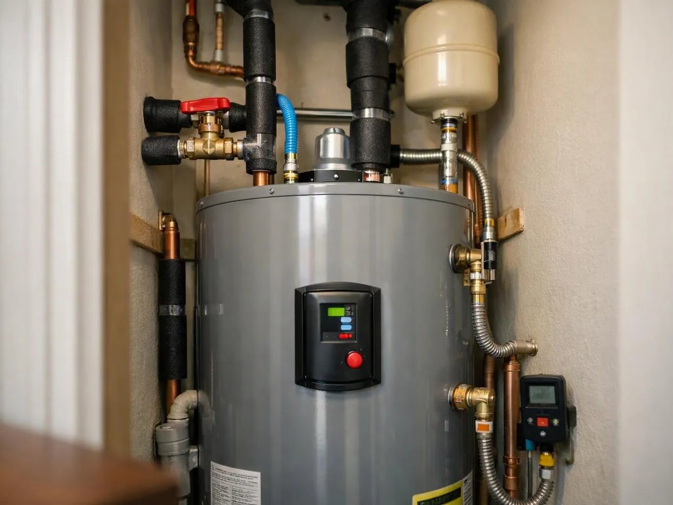 A large gray water heater with pipes, valves, and control units sits in a narrow utility closet