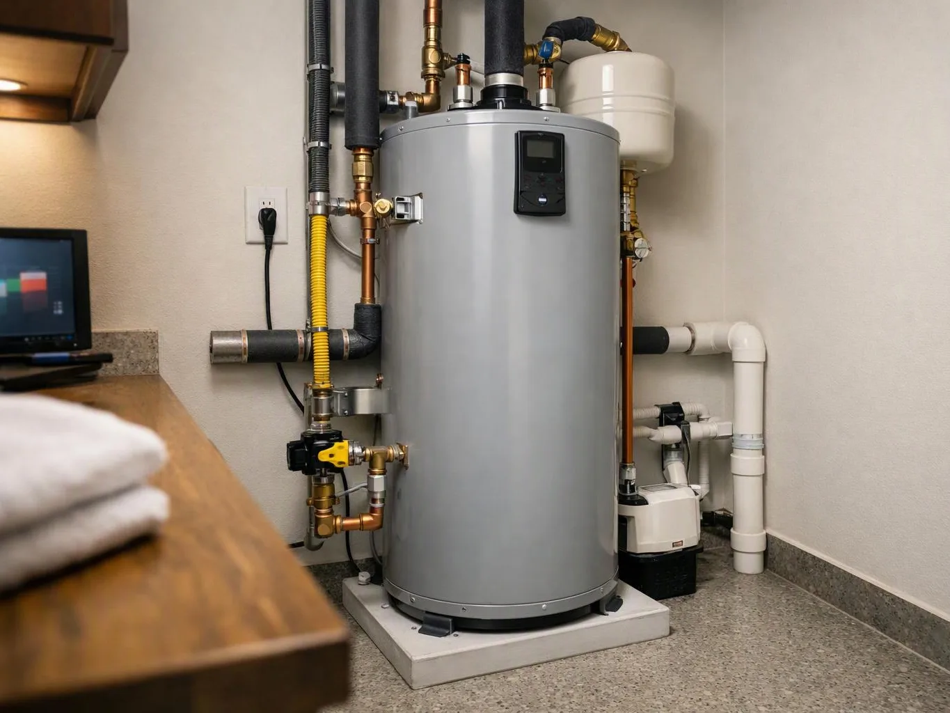 A large gray water heater stands in a utility room with pipes, valves, and a small pump beside it
