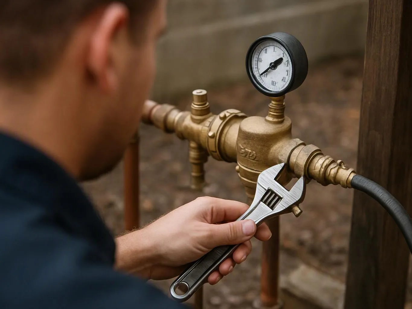 A man adjusts a brass pipe fitting with a wrench beside a pressure gauge outdoors