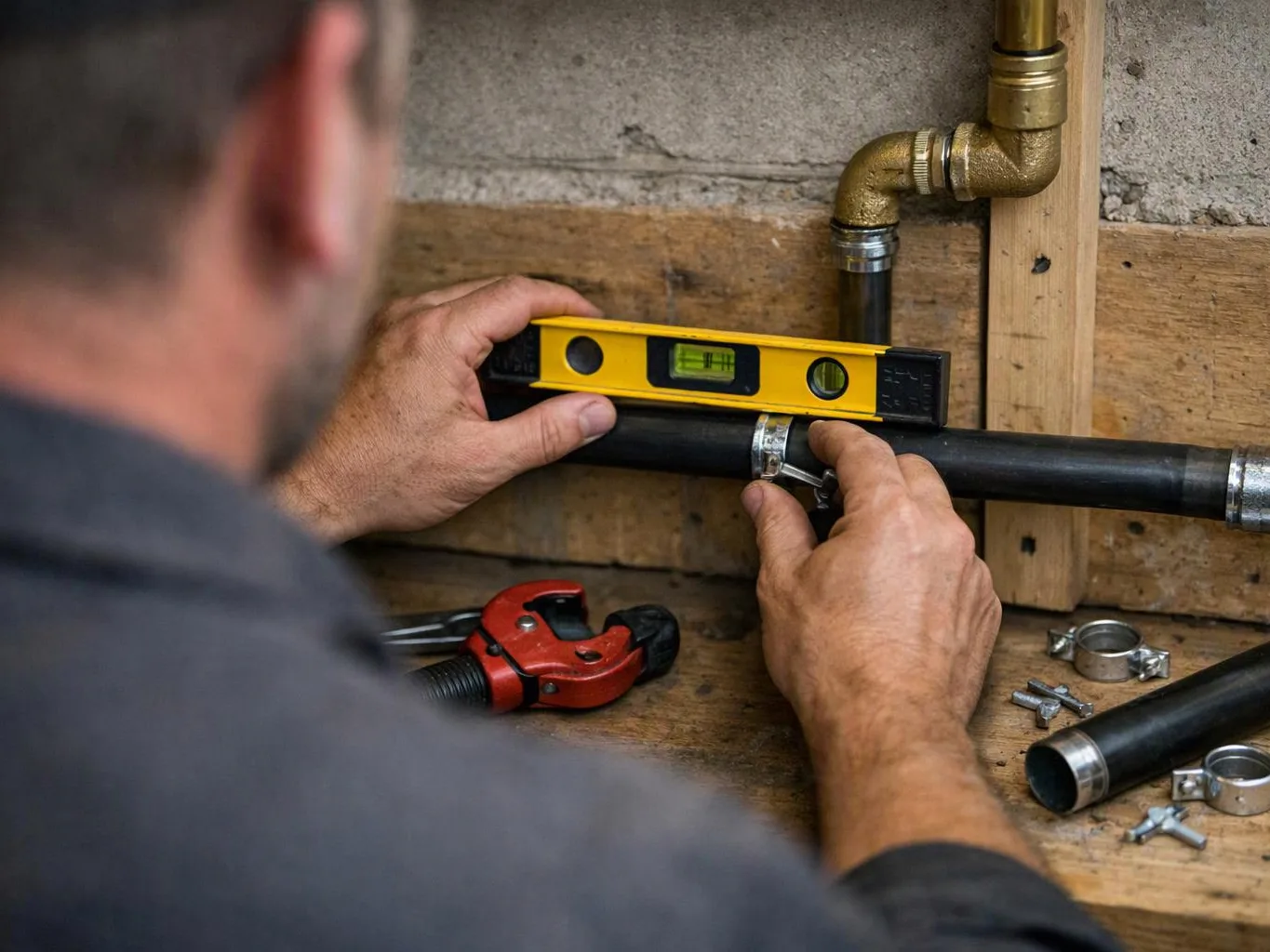A man adjusts a pipe clamp with a yellow level on black plumbing pipes in a workshop