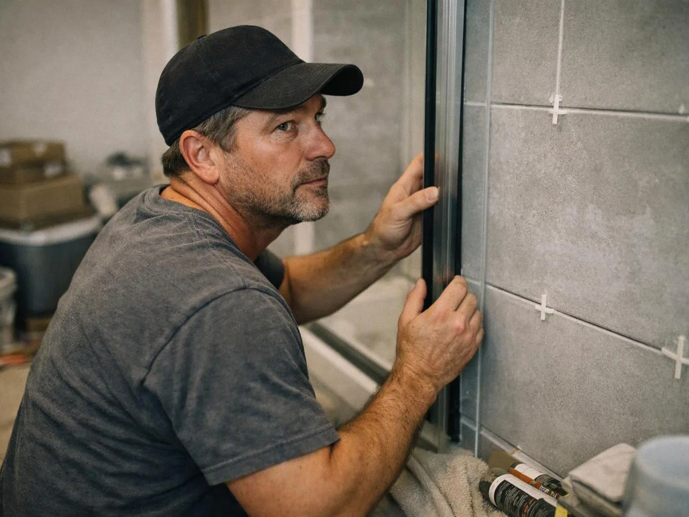 A man in a black cap adjusts a dark window frame beside a tiled wall indoors